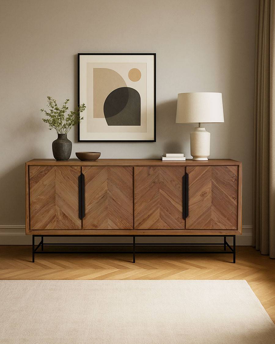 Kappa - Grand Buffet bas en teck recyclé avec motif chevron et métal 180 cm - UNIQKA - Image 2