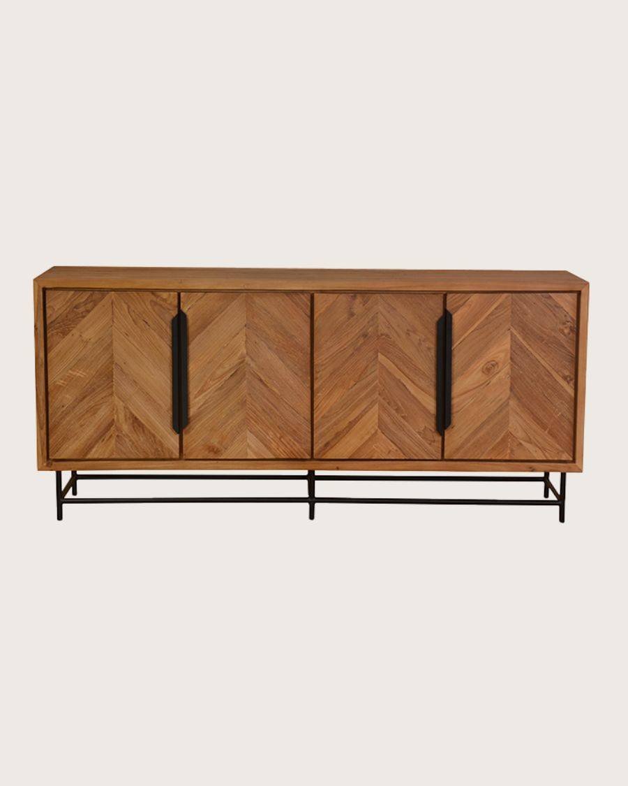 Kappa - Grand Buffet bas en teck recyclé avec motif chevron et métal 180 cm - UNIQKA - Image 1