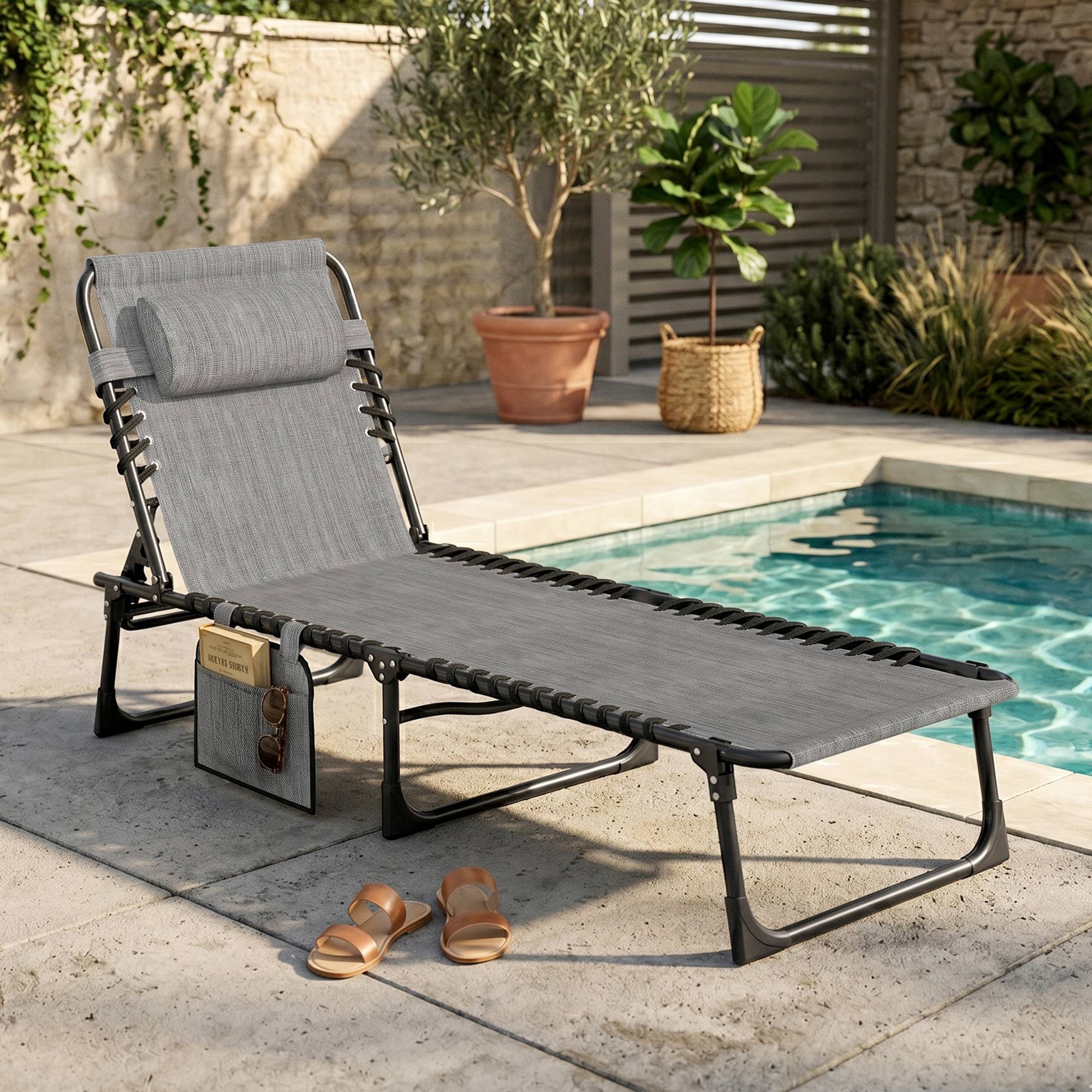 Chaise longue pliable bain de soleil inclinable 5 niveaux - 189x58x30cm Textilène Gris fr51 - Image 3