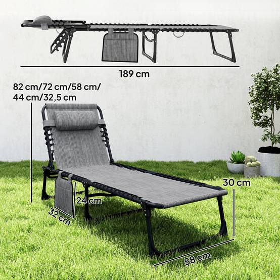 Chaise longue pliable bain de soleil inclinable 5 niveaux - 189x58x30cm Textilène Gris fr51 - Image 5