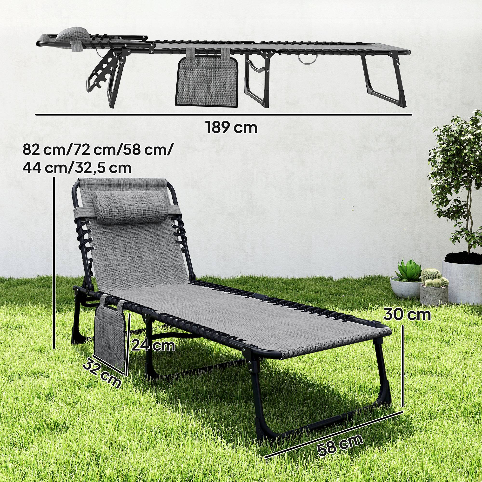 Chaise longue pliable bain de soleil inclinable 5 niveaux - 189x58x30cm Textilène Gris fr51 - Image 5