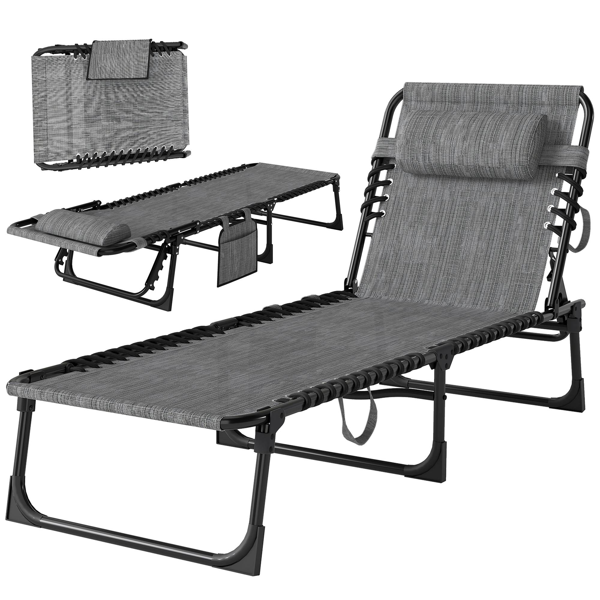 Chaise longue pliable bain de soleil inclinable 5 niveaux - 189x58x30cm Textilène Gris fr51 - Image 2