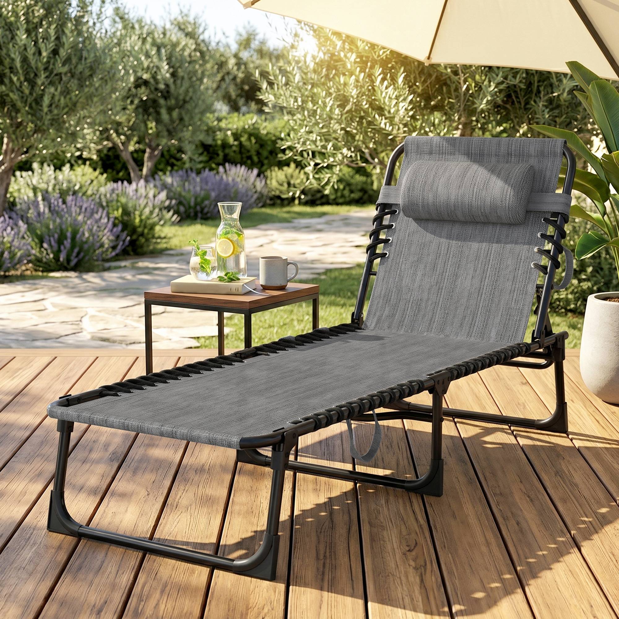 Chaise longue pliable bain de soleil inclinable 5 niveaux - 189x58x30cm Textilène Gris fr51 - Image 4
