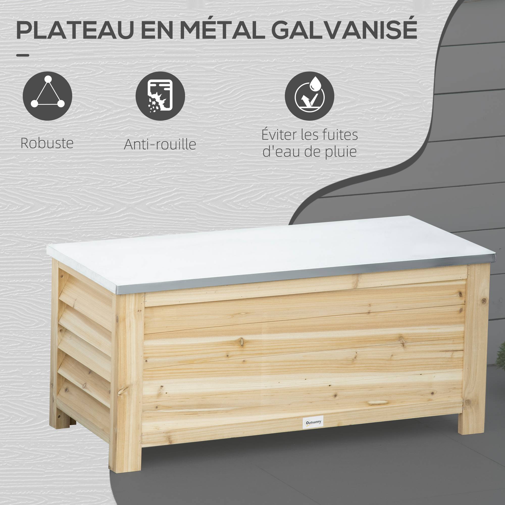 Coffre de jardin en bois et couvercle en métal galvanisé 155L avec vérins - 110 x 50 x 50 cm - Image 8