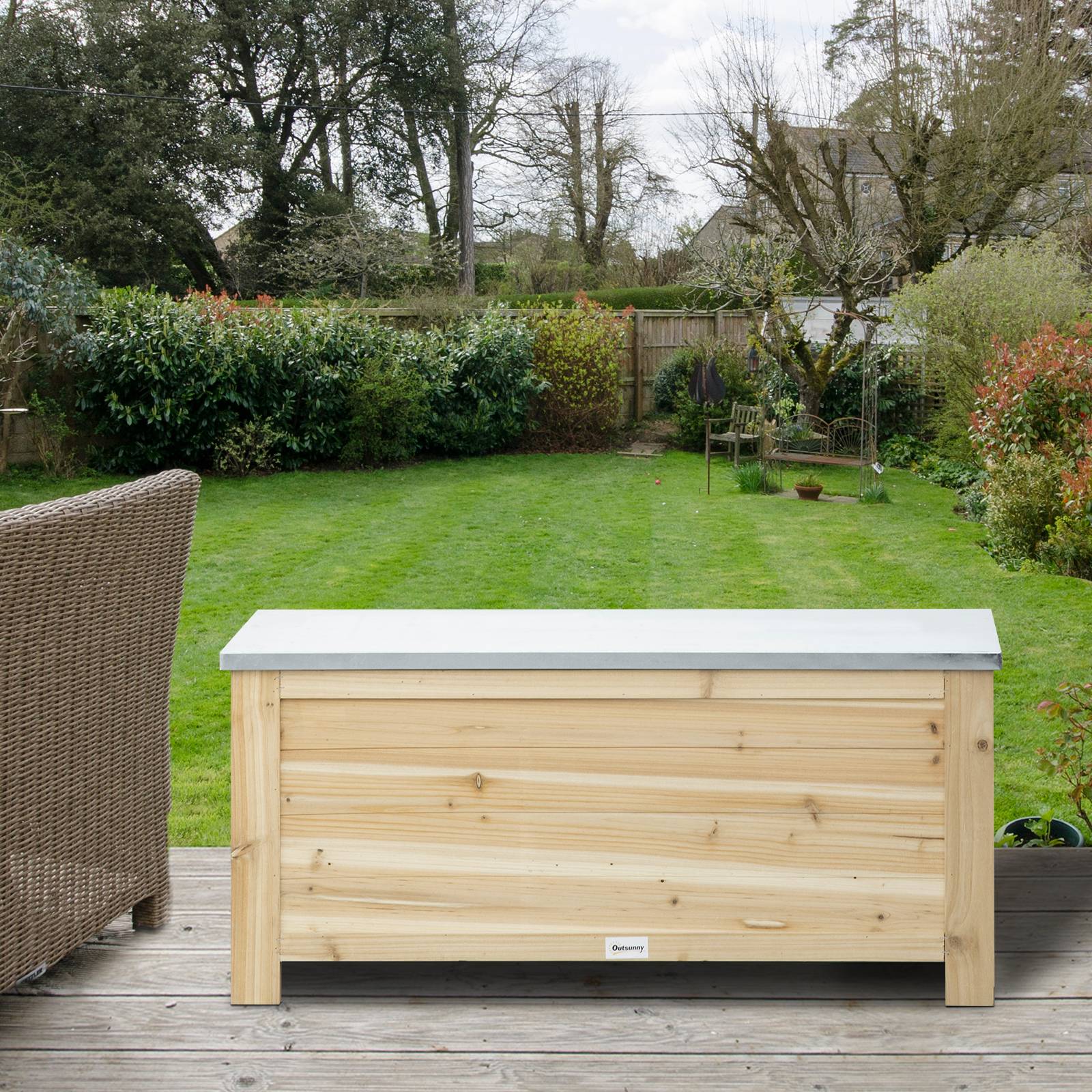 Coffre de jardin en bois et couvercle en métal galvanisé 155L avec vérins - 110 x 50 x 50 cm - Image 4