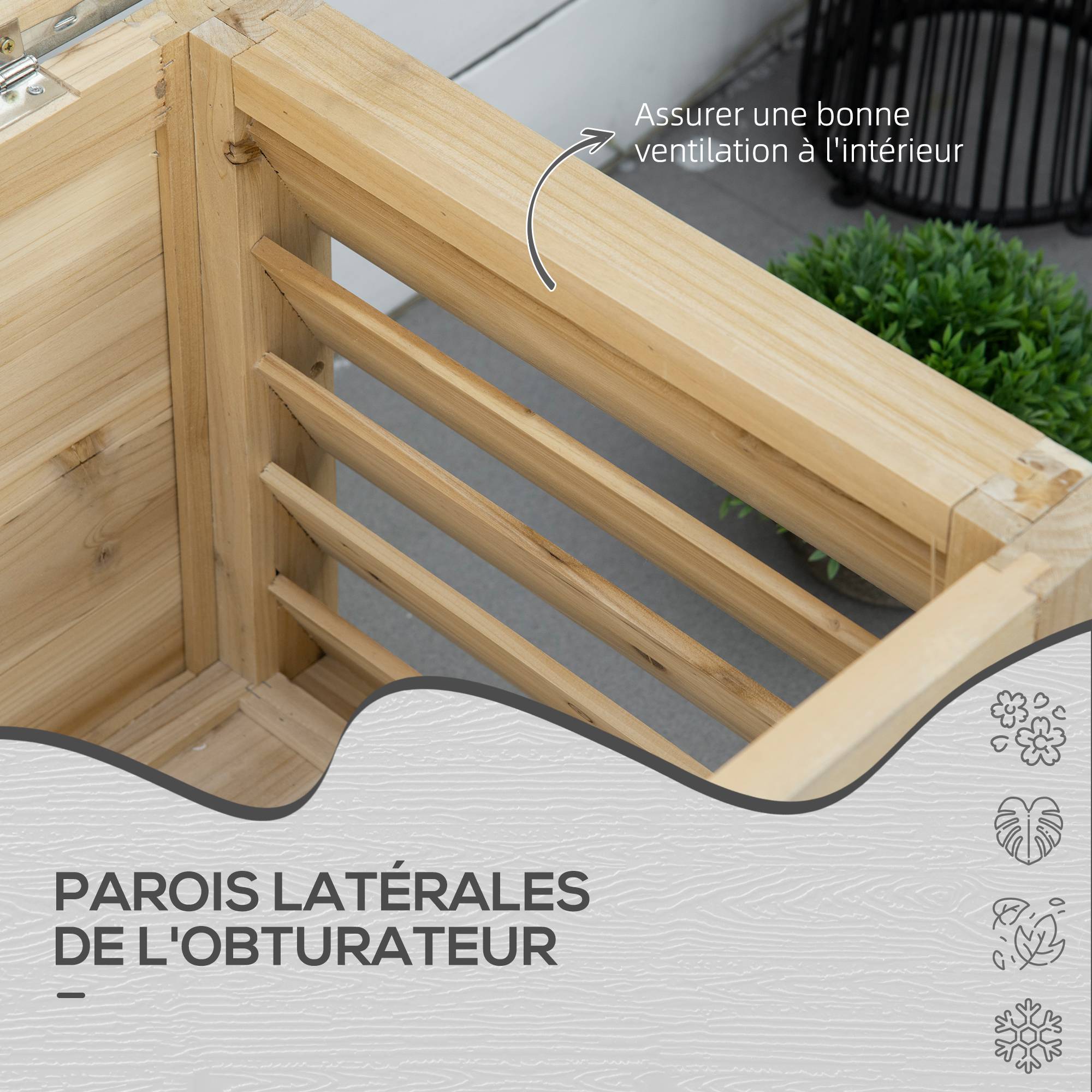 Coffre de jardin en bois et couvercle en métal galvanisé 155L avec vérins - 110 x 50 x 50 cm - Image 9