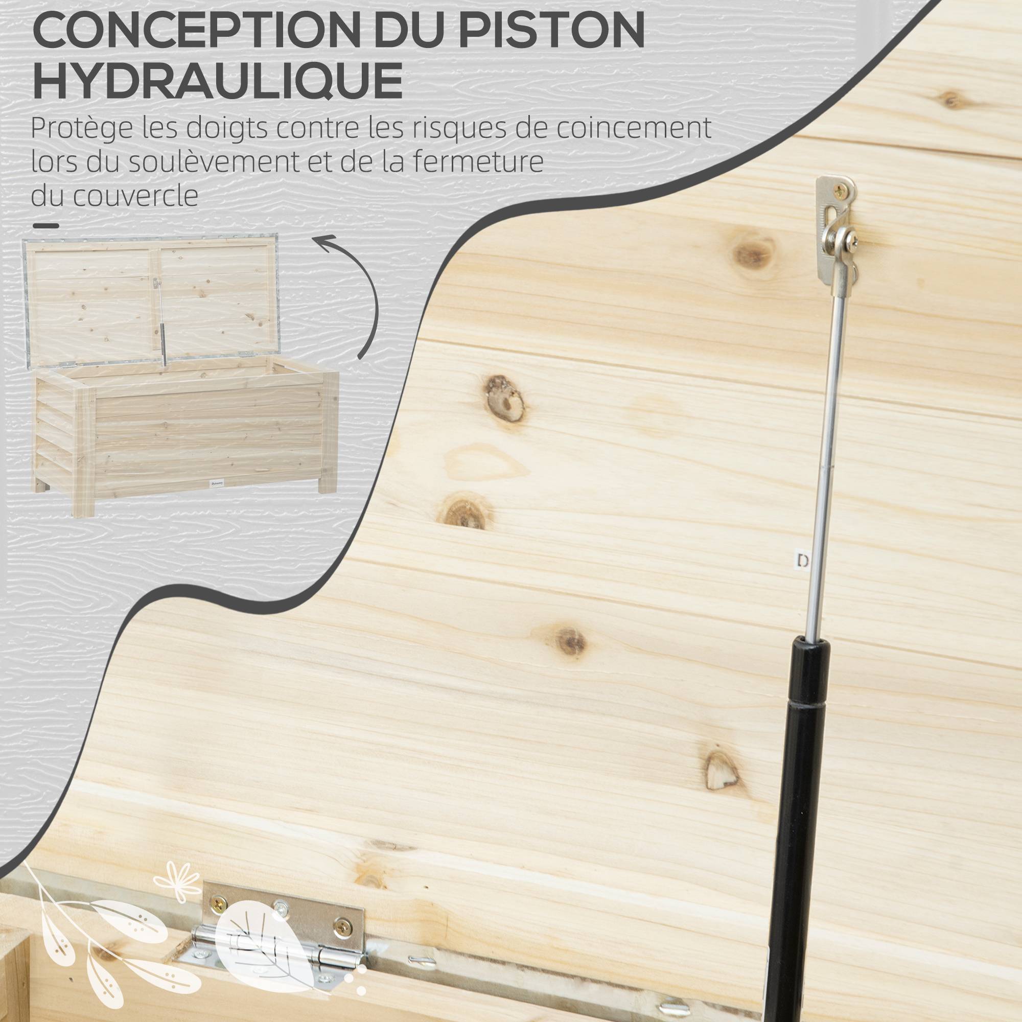 Coffre de jardin en bois et couvercle en métal galvanisé 155L avec vérins - 110 x 50 x 50 cm - Image 7