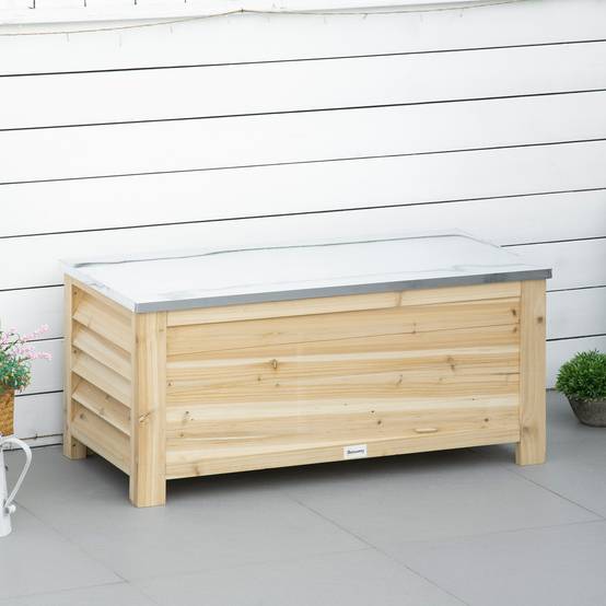Coffre de jardin en bois et couvercle en métal galvanisé 155L avec vérins - 110 x 50 x 50 cm - Image 3