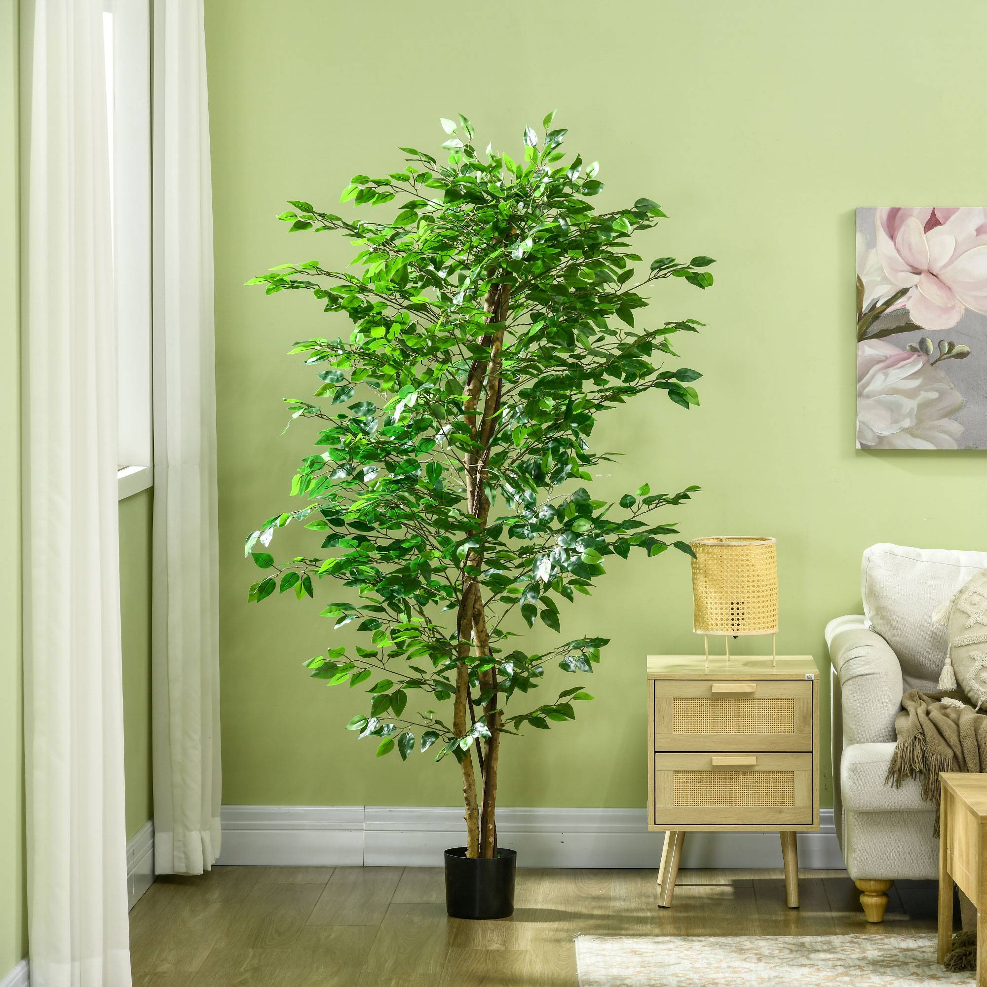 Plante artificielle ficus hauteur 1,80 m tronc branches liane lichen feuilles grand réalisme pot inclus vert - Image 10