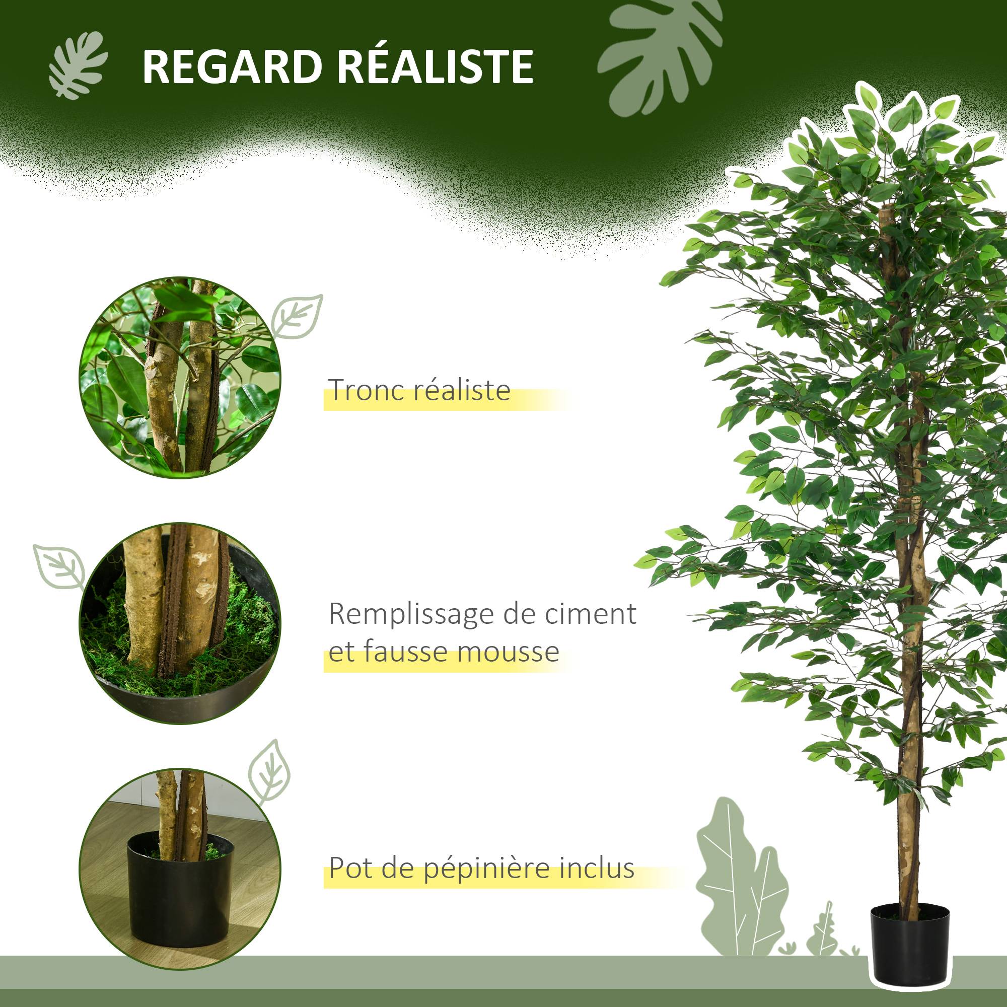 Plante artificielle ficus hauteur 1,80 m tronc branches liane lichen feuilles grand réalisme pot inclus vert - Image 6