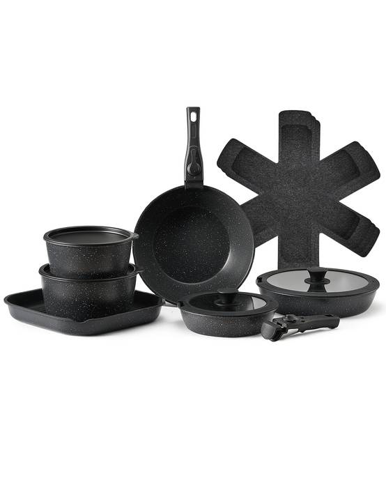 VEVOR Batterie cuisine 17 pièces, induction, antiadhésif, poignée amovible. Verre trempe, noir. - Image 1