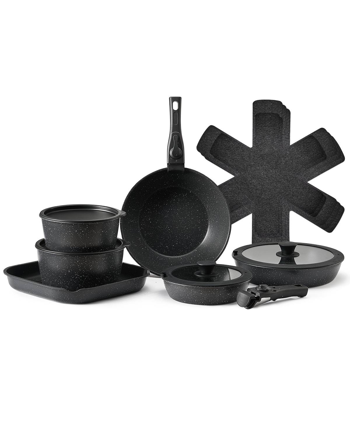 VEVOR Batterie cuisine 17 pièces, induction, antiadhésif, poignée amovible. Verre trempe, noir. - Image 1