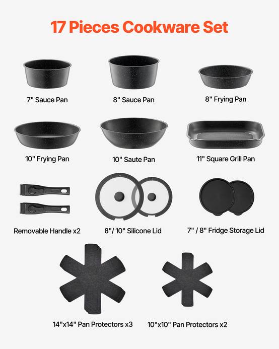 VEVOR Batterie cuisine 17 pièces, induction, antiadhésif, poignée amovible. Verre trempe, noir. - Image 2