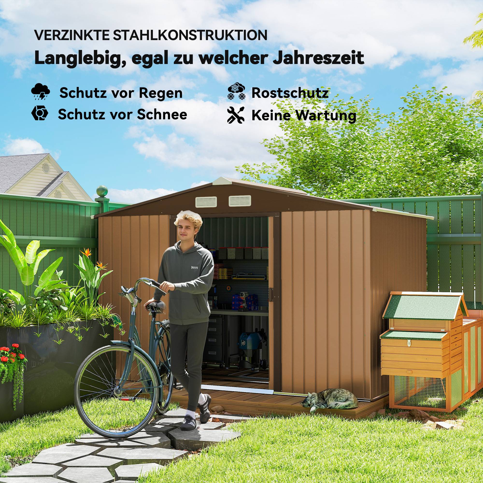 ComfortXL - Abri de jardin en acier 277 x 195 x 192 cm jaune portes coulissantes pour rangement outils et vélos extérieur - Image 4