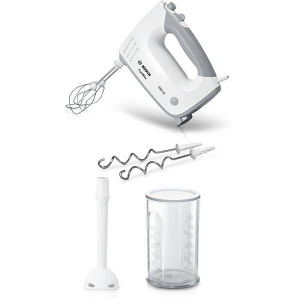 Bosch - Batteur Fouet Electrique  Bosch - MFQ36440 - 450 W - 5 vitesses - 2 fouets / 2 crochets pétrisseurs inox - Bol gradué avec couvercle - Blanc / G - Image 1