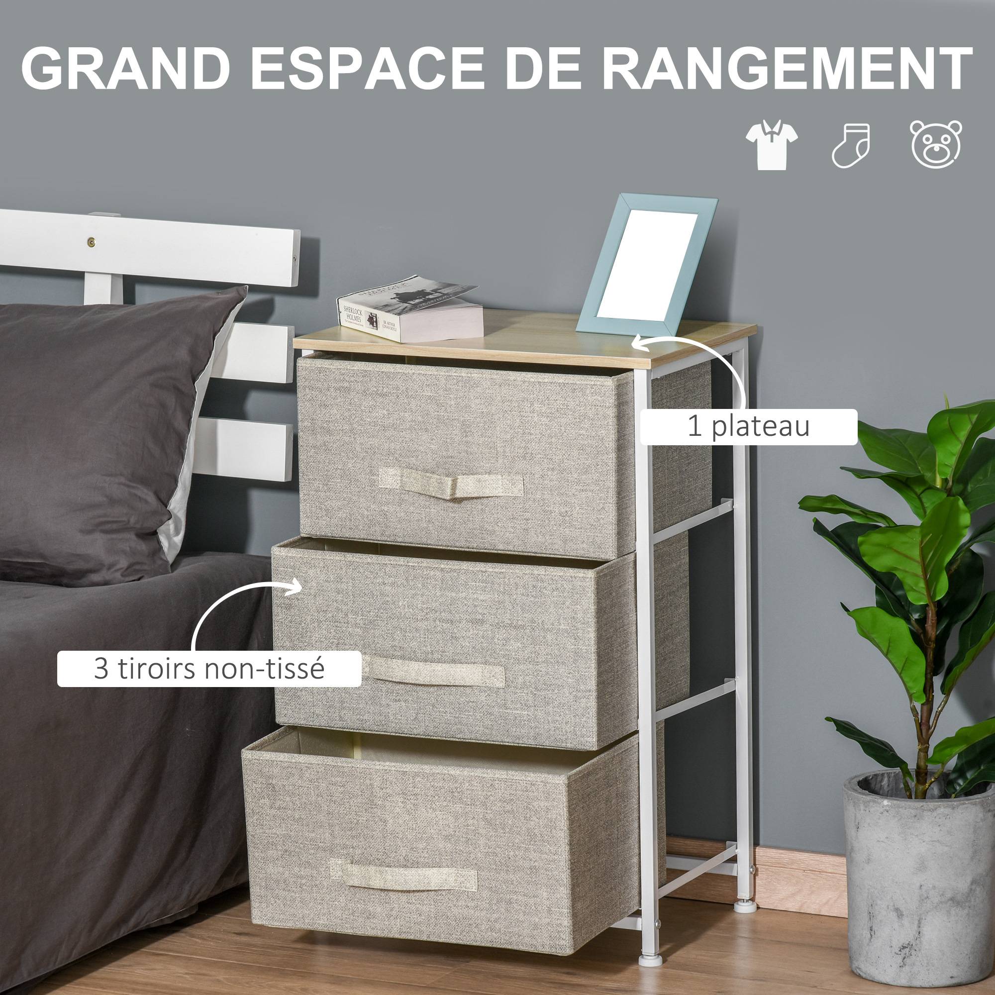 Sans Marque - Meuble de rangement chiffonnier moderne 3 tiroirs en tissu, cadre en acier et MDF, 45 x 30 x 71 cm, gris - Image 6