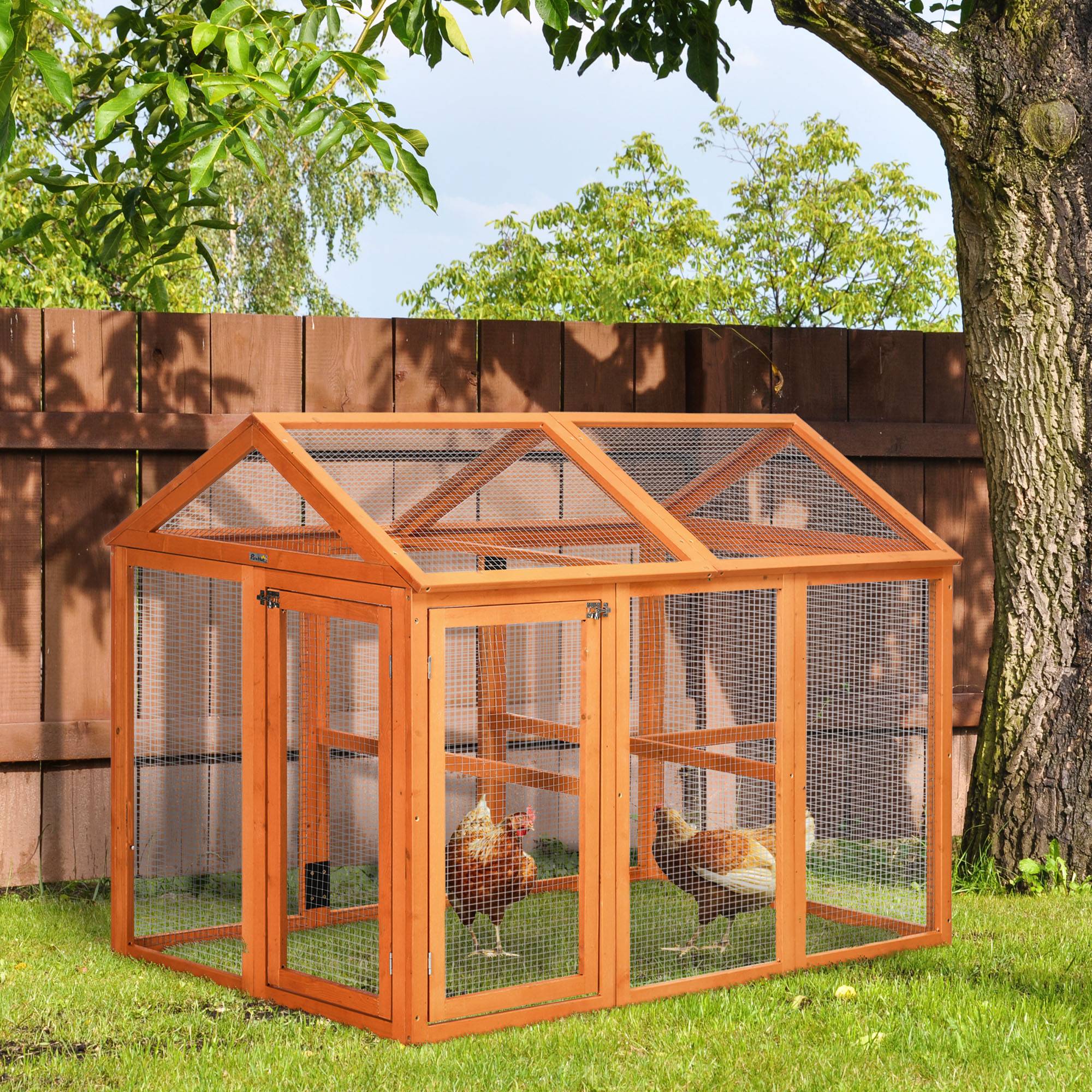 Cage pour poules en bois, plusieurs portes et maille métallique, 140x88,5x106 cm, orange - Image 3