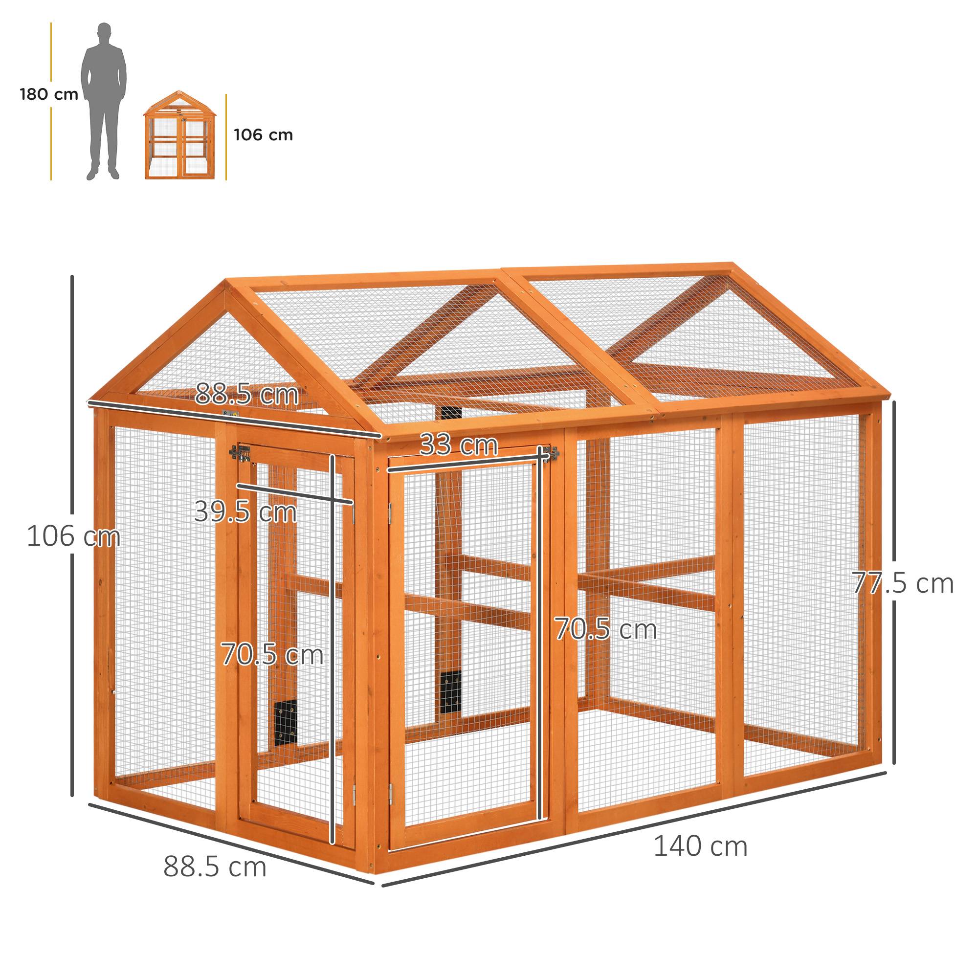 Cage pour poules en bois, plusieurs portes et maille métallique, 140x88,5x106 cm, orange - Image 5