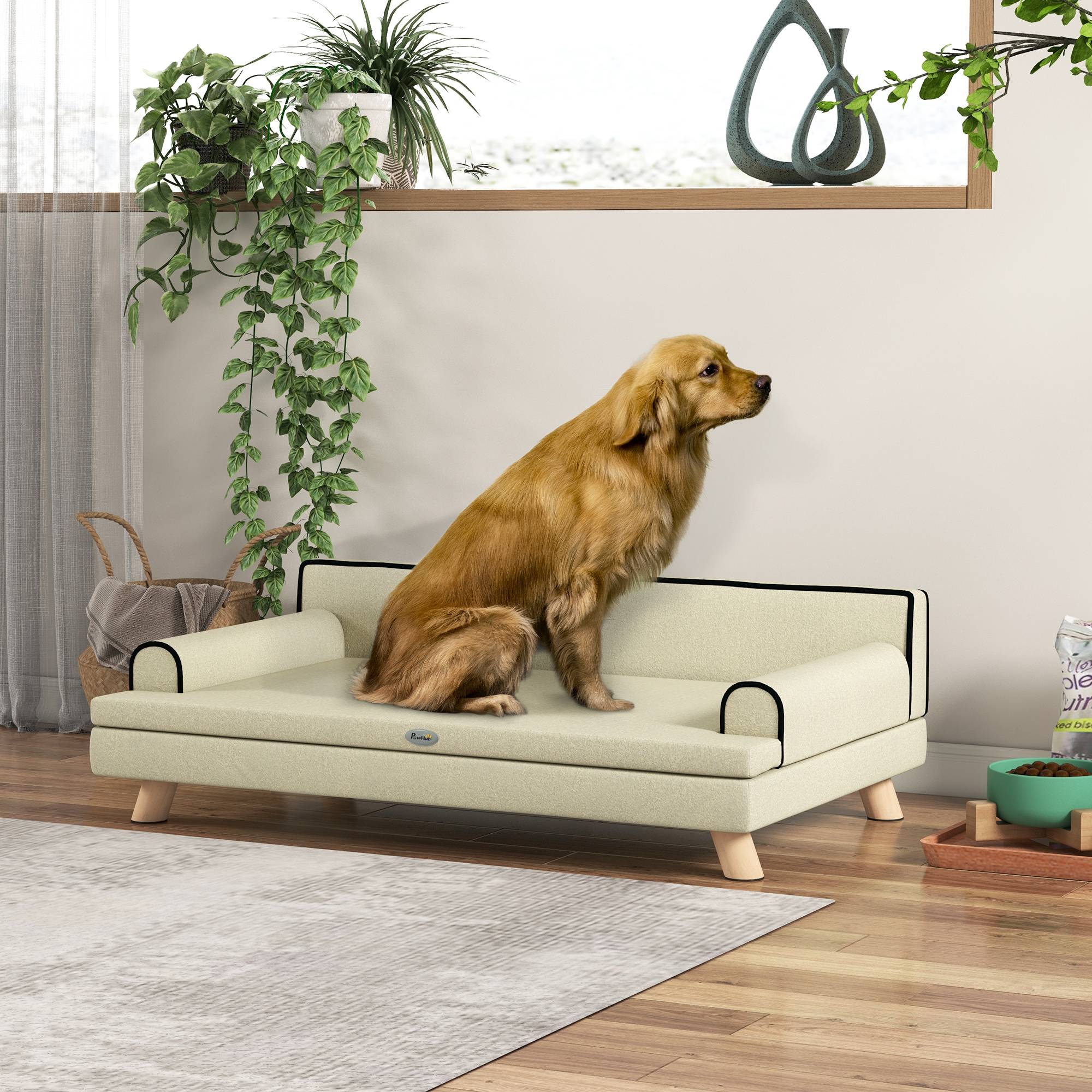 Canapé pour chien chat design scandinave coussin moelleux amovible pieds bois massif 100 x 62 x 32 cm beige - Image 4