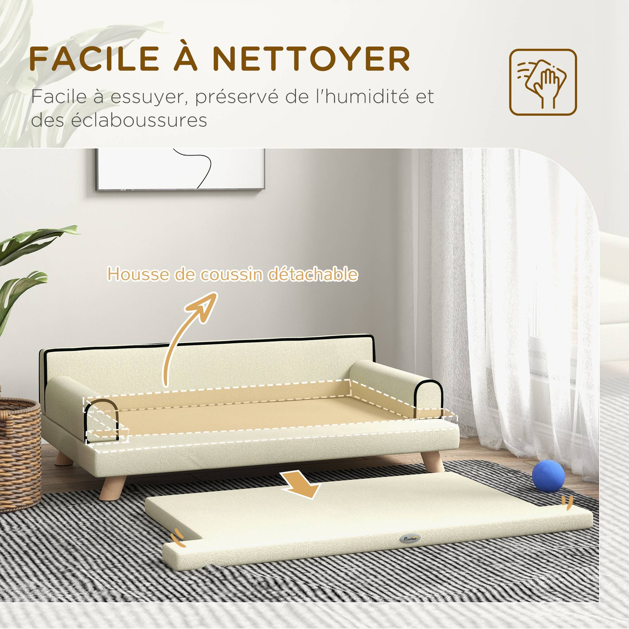 Canapé pour chien chat design scandinave coussin moelleux amovible pieds bois massif 100 x 62 x 32 cm beige - Image 7