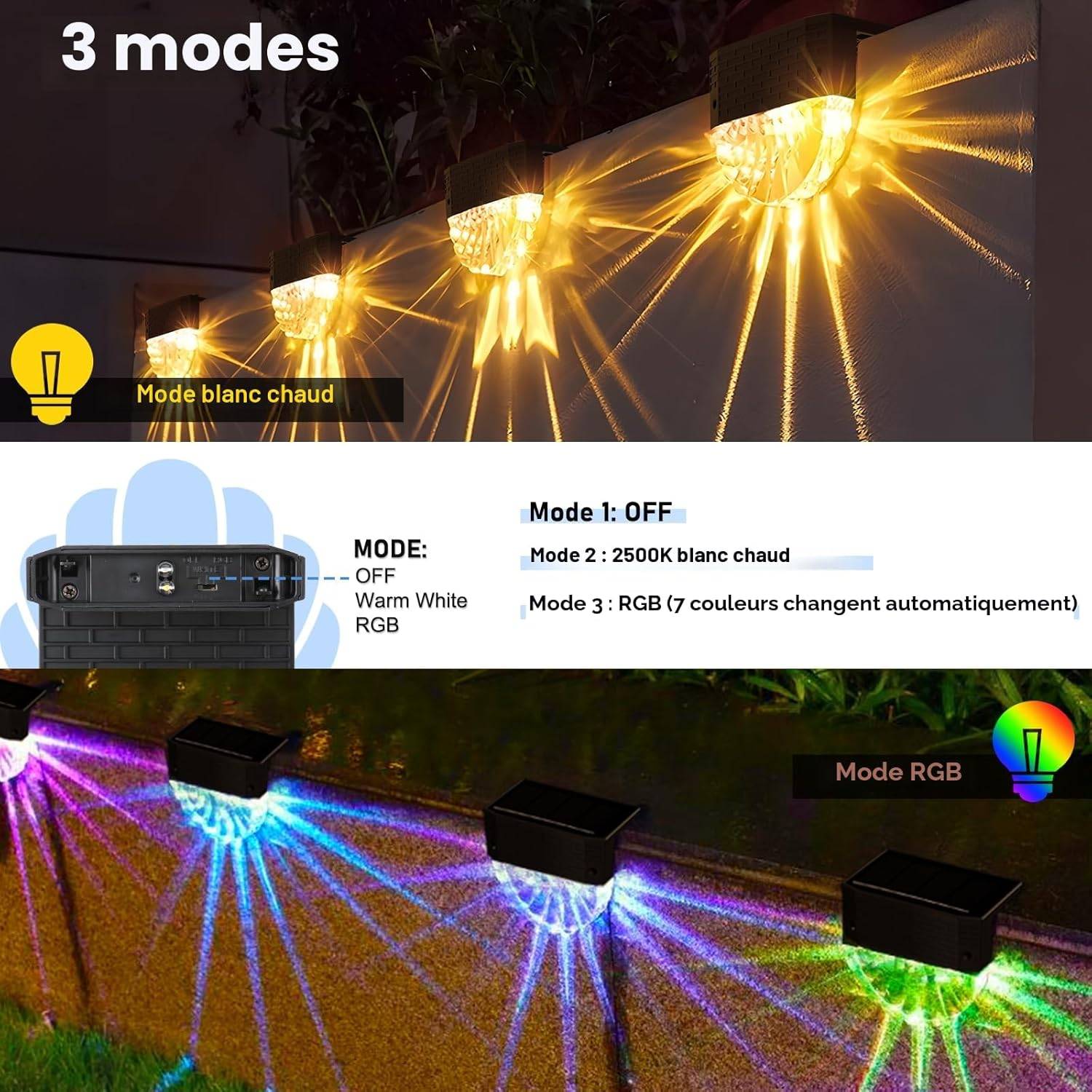 8 in 1 - Lampe solaire d'extérieur 6 LED - 3 modes d'éclairage, étanche IP65, allumage/extinction automatique pour jardin - Blanc chaud/RGB - Image 3