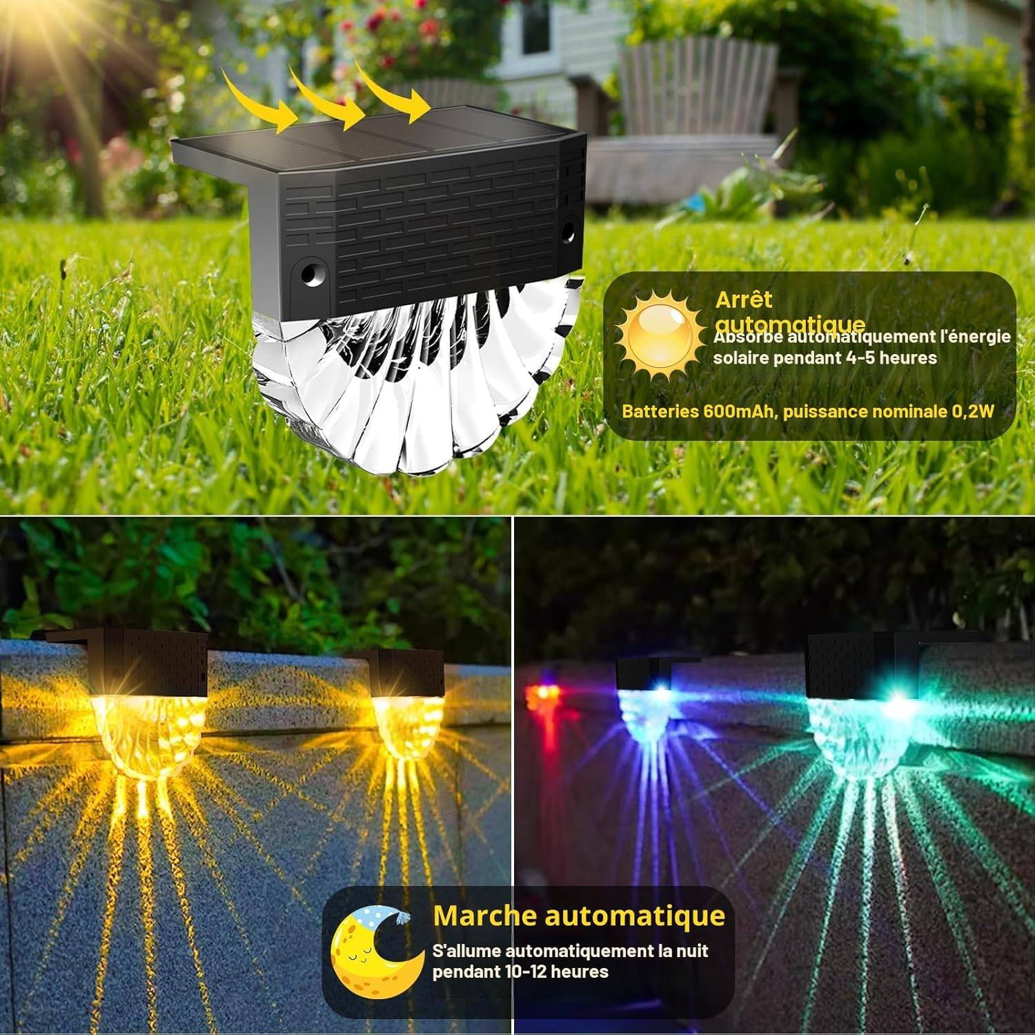 8 in 1 - Lampe solaire d'extérieur 6 LED - 3 modes d'éclairage, étanche IP65, allumage/extinction automatique pour jardin - Blanc chaud/RGB - Image 2