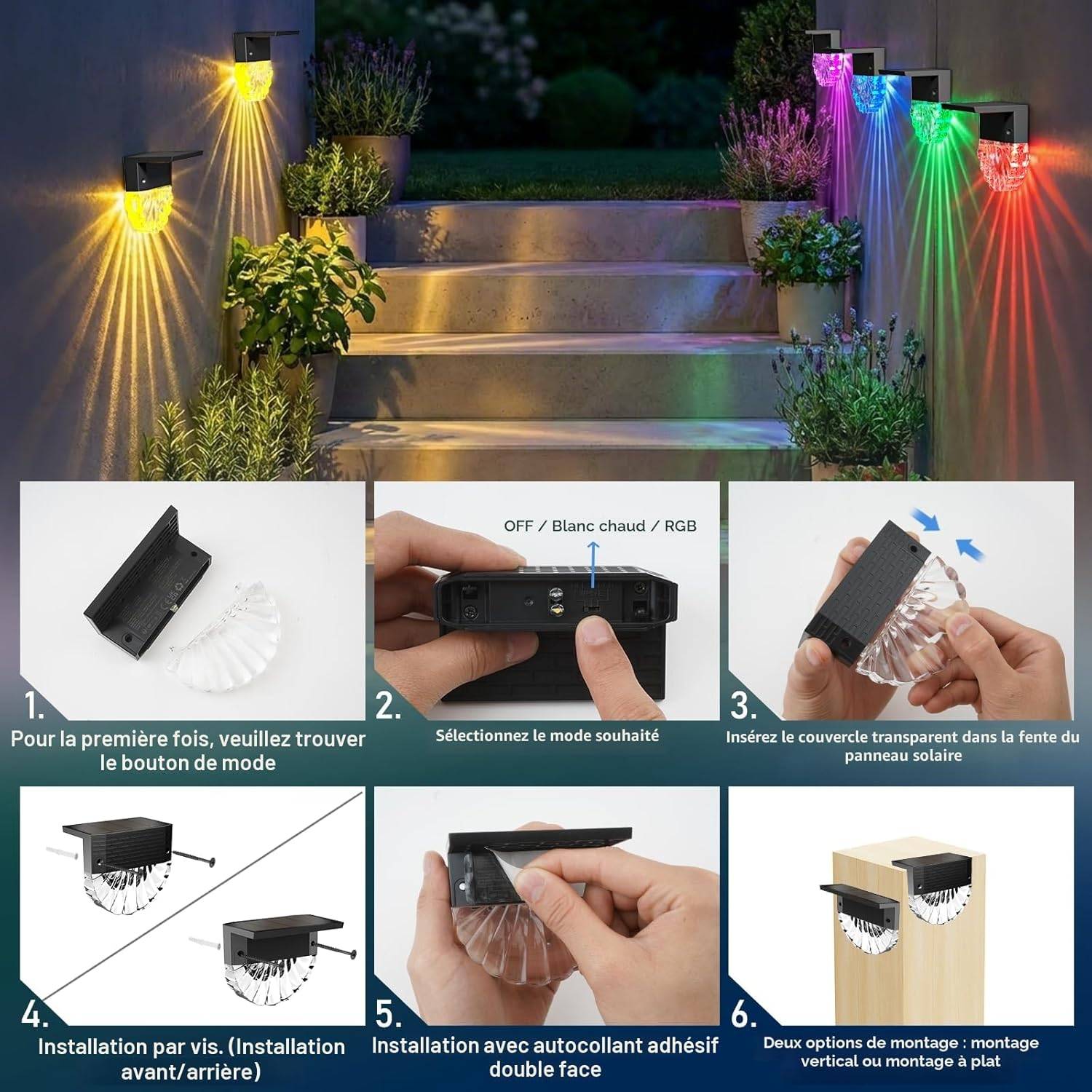 8 in 1 - Lampe solaire d'extérieur 6 LED - 3 modes d'éclairage, étanche IP65, allumage/extinction automatique pour jardin - Blanc chaud/RGB - Image 5