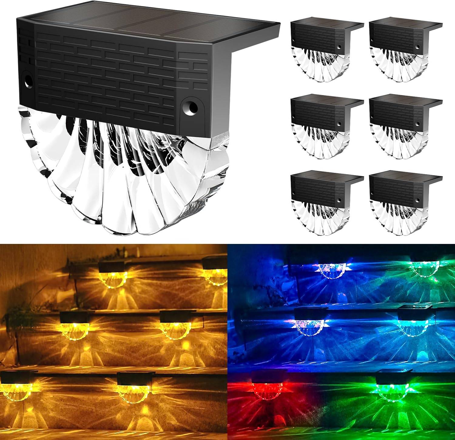 8 in 1 - Lampe solaire d'extérieur 6 LED - 3 modes d'éclairage, étanche IP65, allumage/extinction automatique pour jardin - Blanc chaud/RGB - Image 1