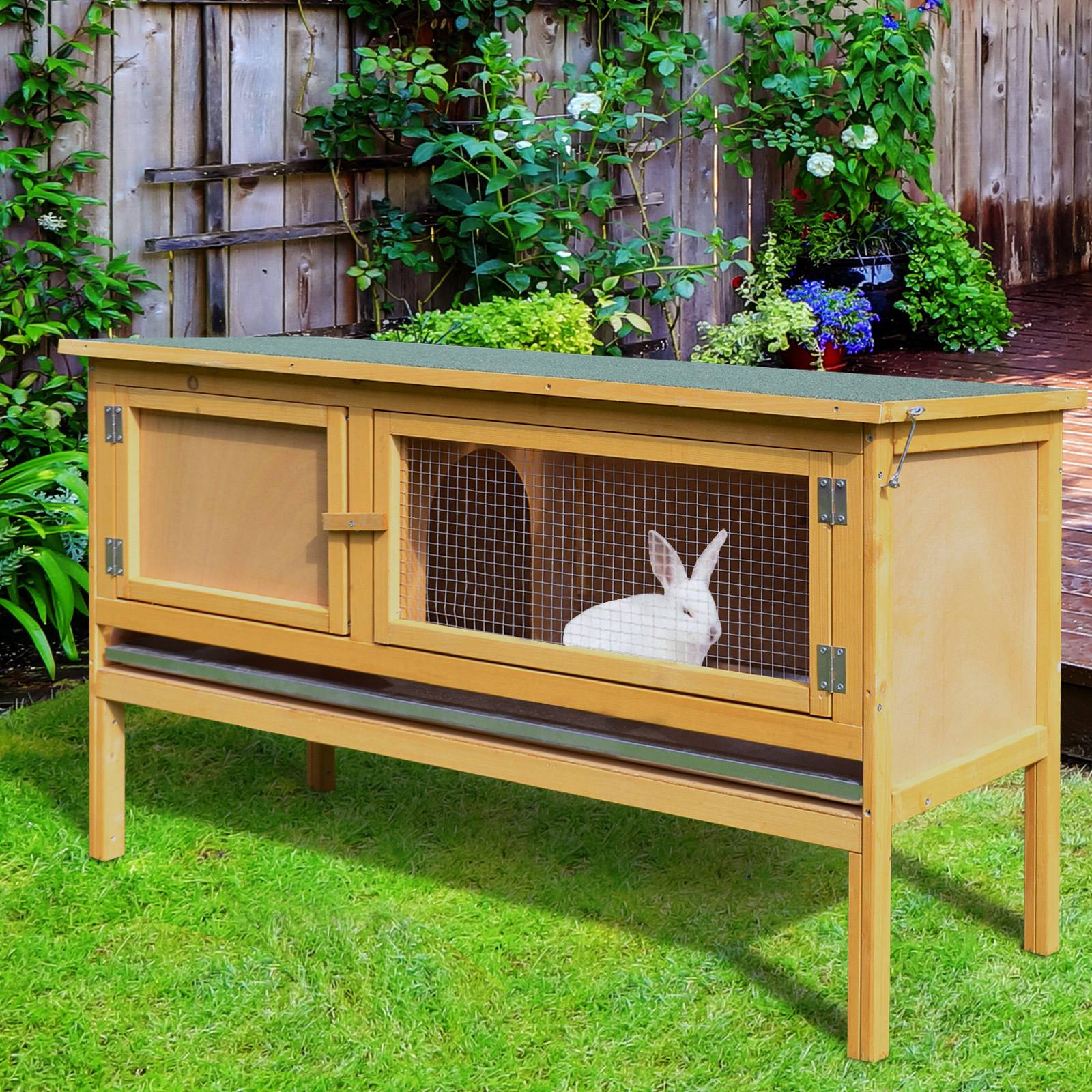 Sans Marque - Hasenstall Kaninchenstall Holz aufklappbarem Dach 2 Türen auslaufsicherer Schale 115x44,3x65 cm Hellgelb - Image 4