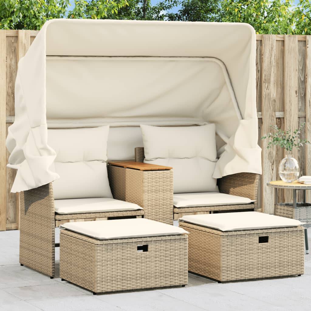 ComfortXL - Mobilier de Jardin 2 Personnes Rotin Synthétique avec Auvent et Table Basse Acacia – Beige – ComfortXL Outdoor Living - Image 1