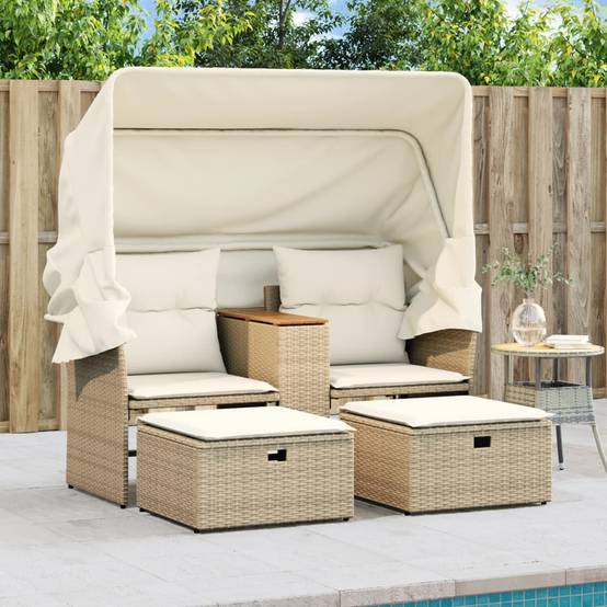 ComfortXL - Mobilier de Jardin 2 Personnes Rotin Synthétique avec Auvent et Table Basse Acacia – Beige – ComfortXL Outdoor Living - Image 3