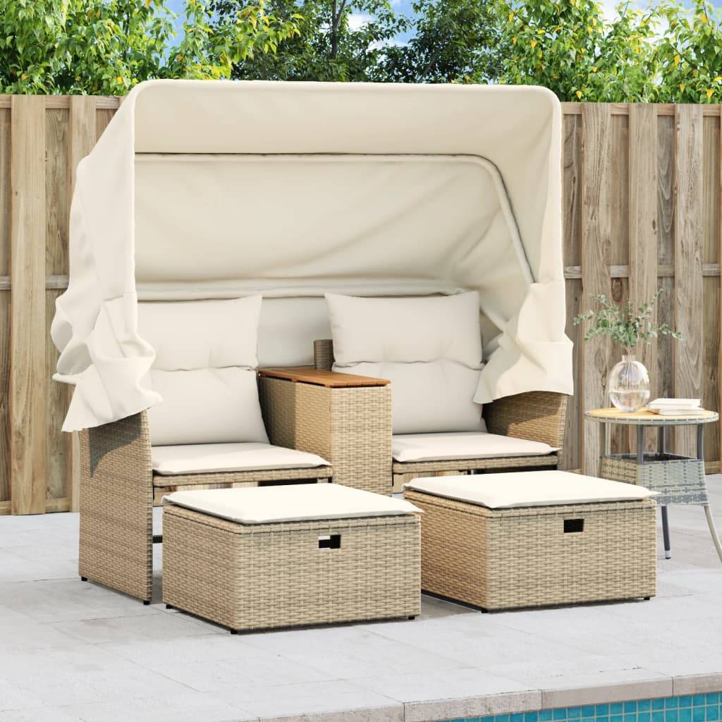 ComfortXL - Mobilier de Jardin 2 Personnes Rotin Synthétique avec Auvent et Table Basse Acacia – Beige – ComfortXL Outdoor Living - Image 3