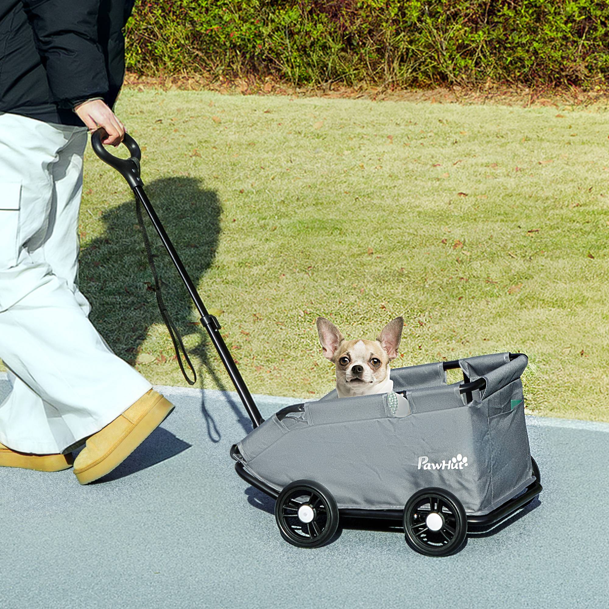 Poussette pour chien poussette petit chien pliable à 4 roues avec tige de poussée réglable 53 x 45 x 28 cm gris - Image 4