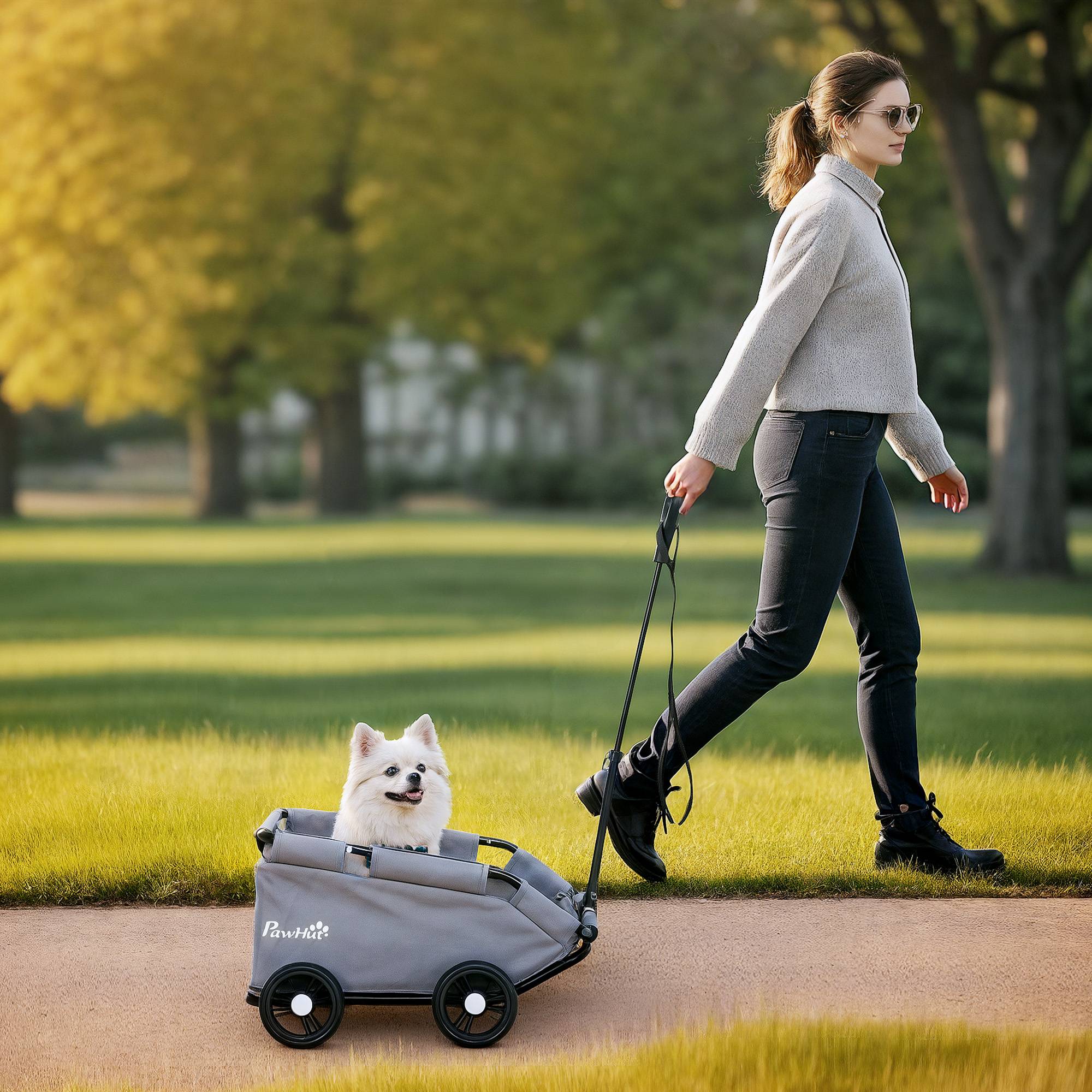 Poussette pour chien poussette petit chien pliable à 4 roues avec tige de poussée réglable 53 x 45 x 28 cm gris - Image 3