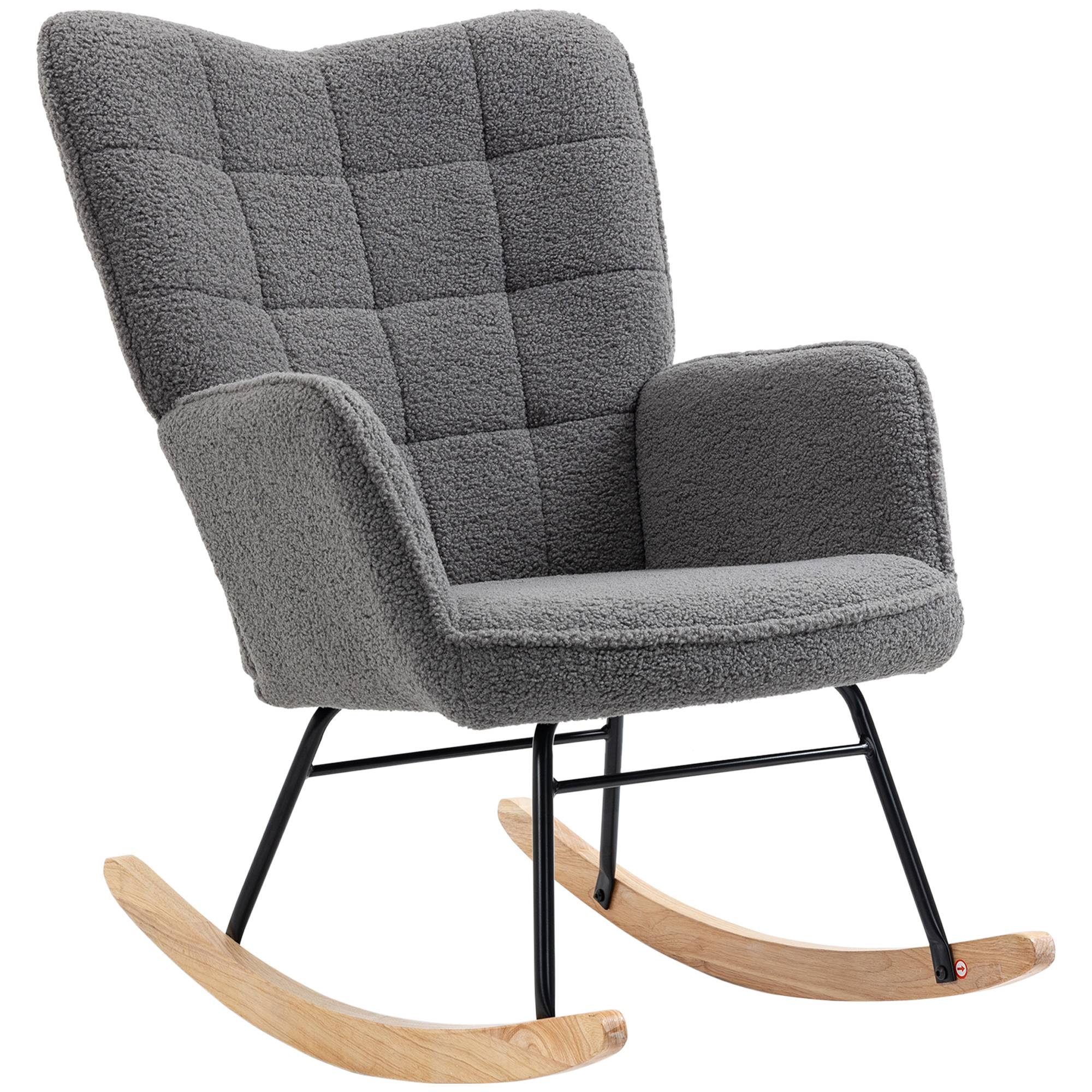 Fauteuil à bascule rocking chair revêtement effet laine bouclée, structure en acier 71 x 98 x 101 cm Gris foncé - Image 2