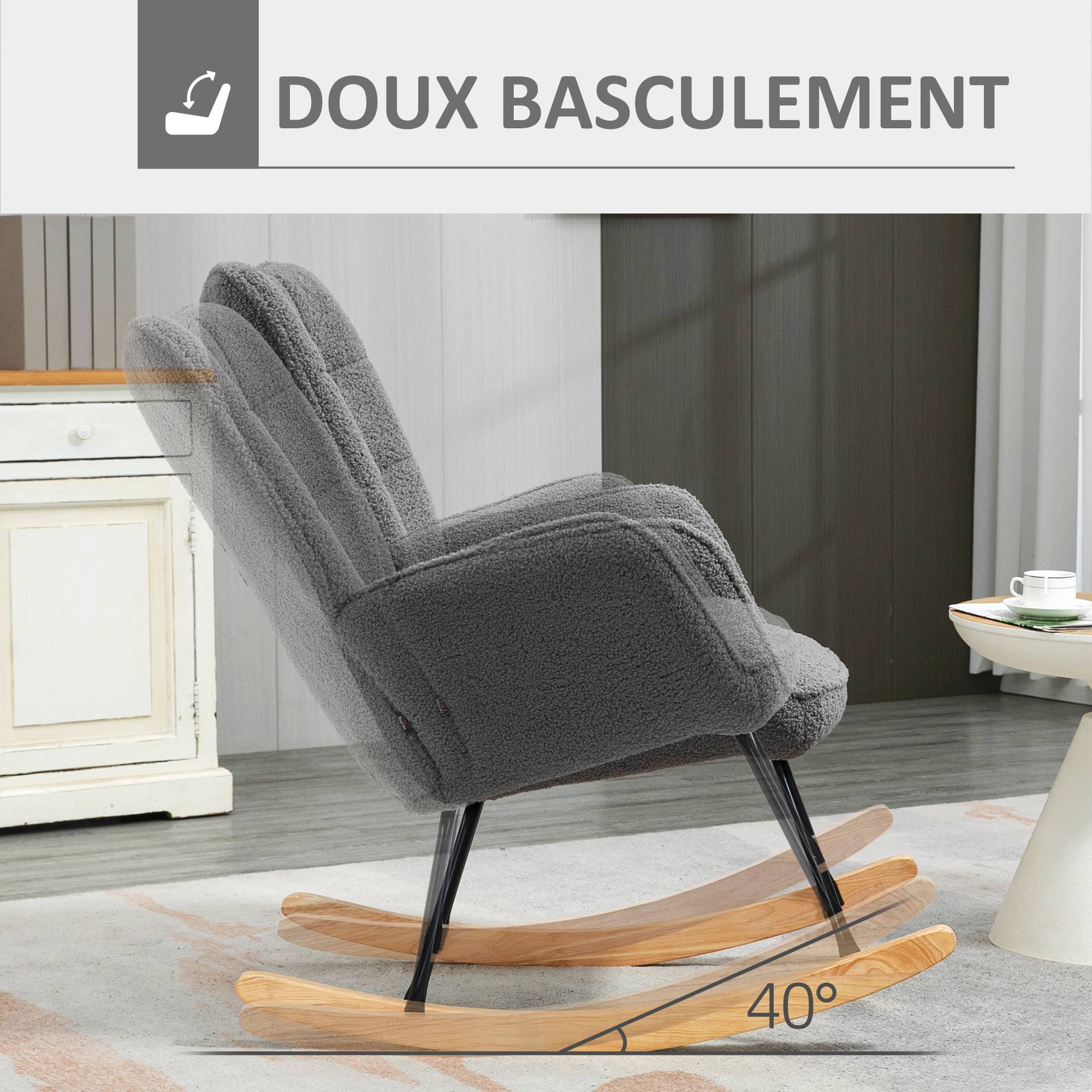 Fauteuil à bascule rocking chair revêtement effet laine bouclée, structure en acier 71 x 98 x 101 cm Gris foncé - Image 6
