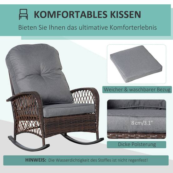 Sellerie pour fauteuil à bascule en PE rotin et acier avec coutures boutonnées, coloris marron et gris - Image 5