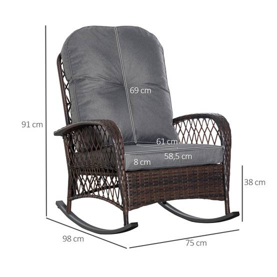 Sellerie pour fauteuil à bascule en PE rotin et acier avec coutures boutonnées, coloris marron et gris - Image 3