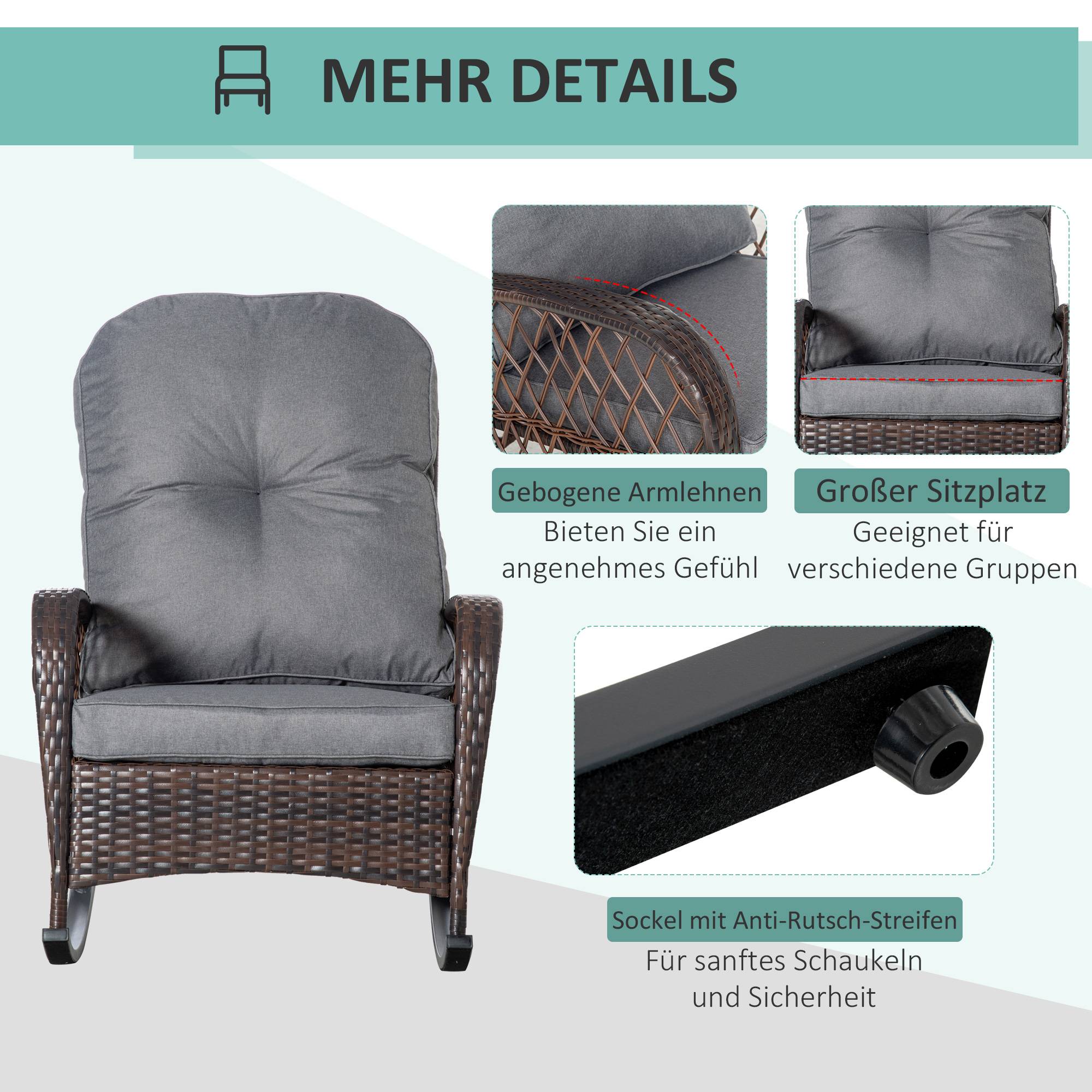 Sellerie pour fauteuil à bascule en PE rotin et acier avec coutures boutonnées, coloris marron et gris - Image 6