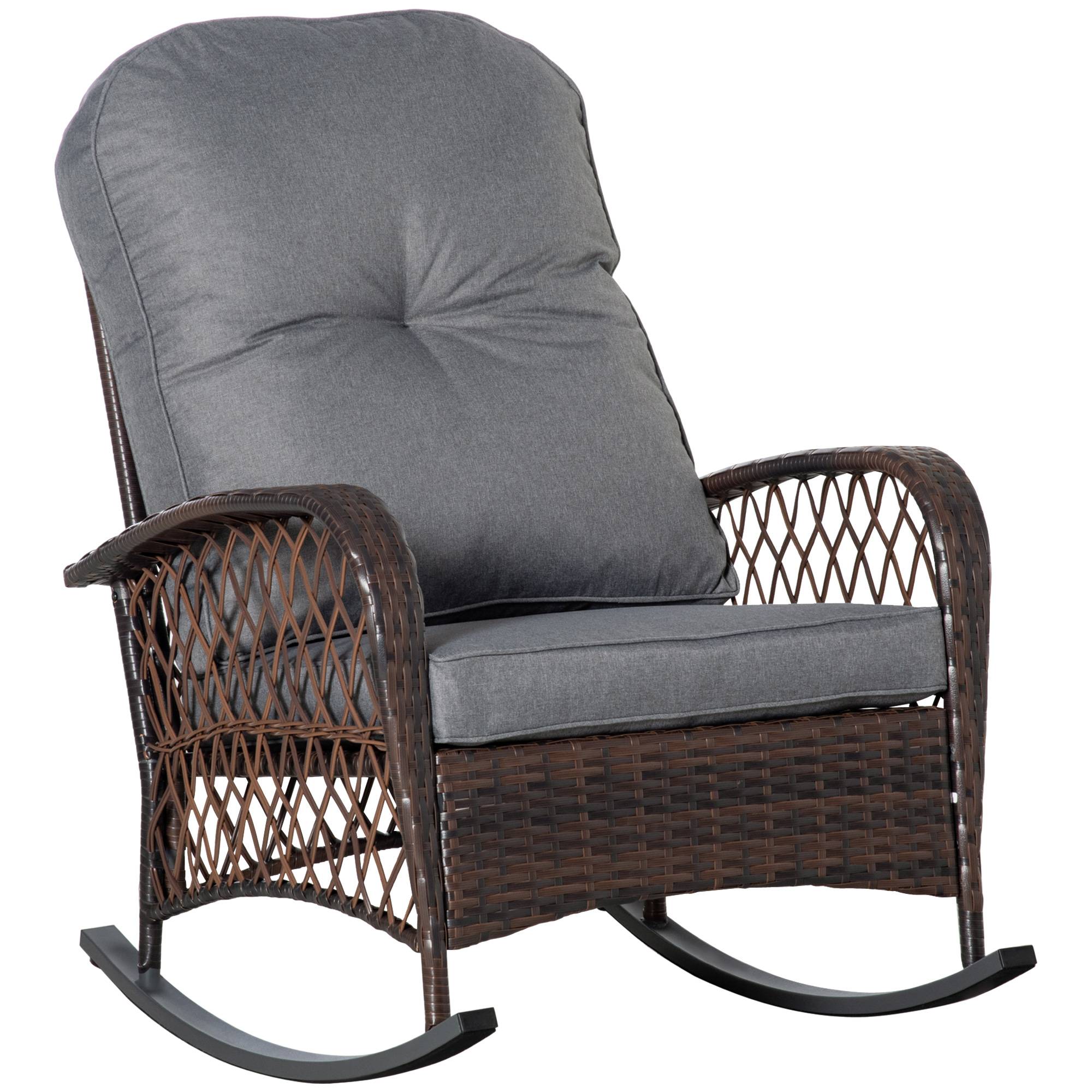 Sellerie pour fauteuil à bascule en PE rotin et acier avec coutures boutonnées, coloris marron et gris - Image 1