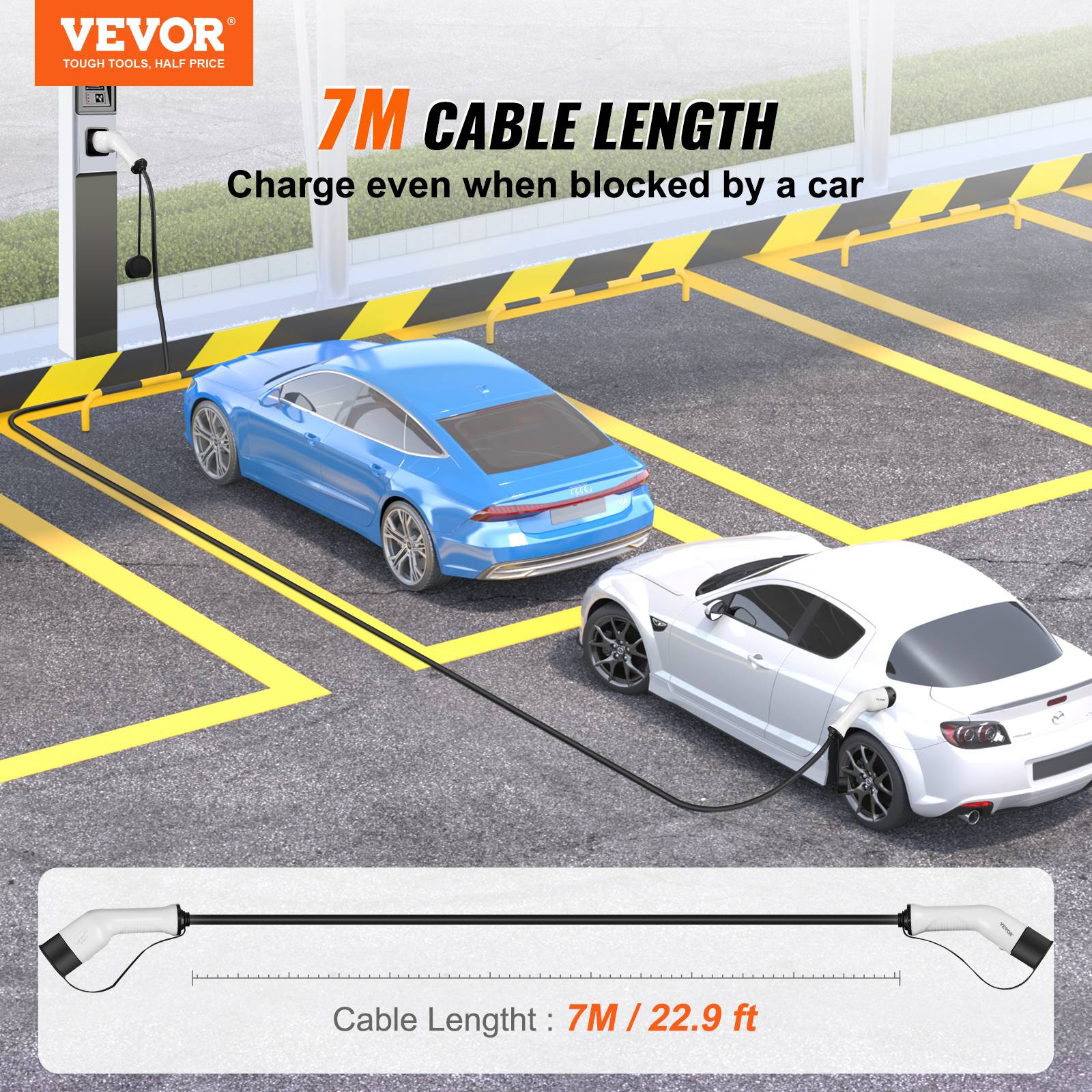 VEVOR Câble recharge EV Type 2, 32A 22kW, 7m, IP66, sac de transport, pour véhicule électrique/hybride. - Image 2