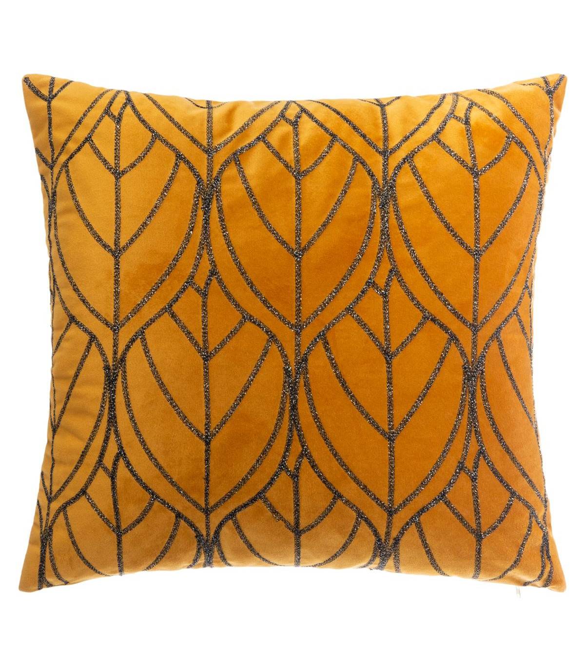 Coussin déhoussable en Velours Ocre avec motif brodé 40 x 40 cm - Image 1