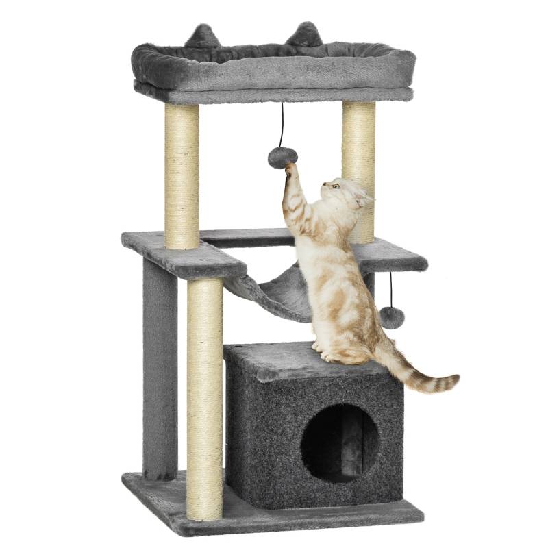 Arbre à chat 90 cm avec griffoir, hamac, aire de jeux, grotte, plateformes, griffoir d'activité, en sisal gris peluche - Image 1