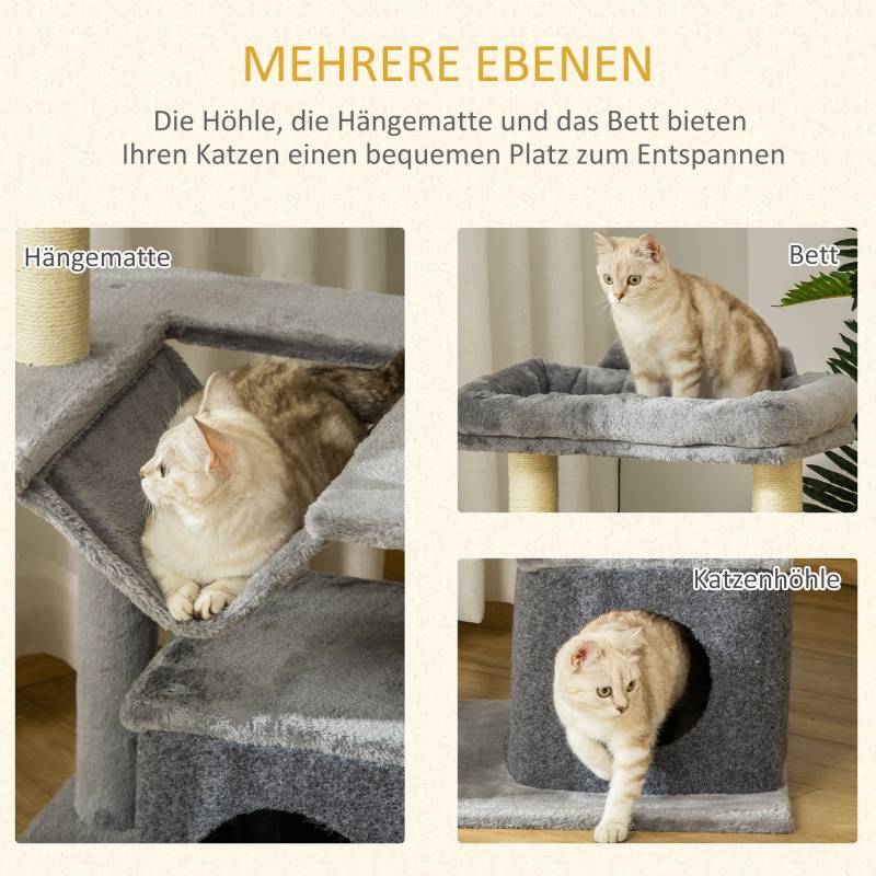 Arbre à chat 90 cm avec griffoir, hamac, aire de jeux, grotte, plateformes, griffoir d'activité, en sisal gris peluche - Image 5