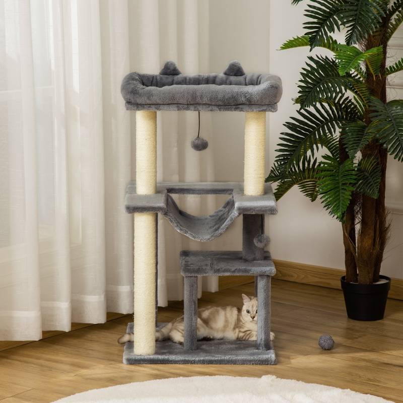 Arbre à chat 90 cm avec griffoir, hamac, aire de jeux, grotte, plateformes, griffoir d'activité, en sisal gris peluche - Image 7