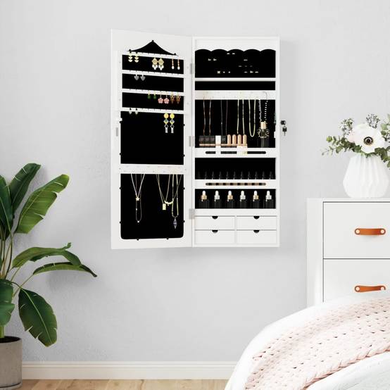 Miroir Murale avec rangement - Armoire à bijoux avec miroir blanc 37,5x10x90 cm PC160 - Image 2