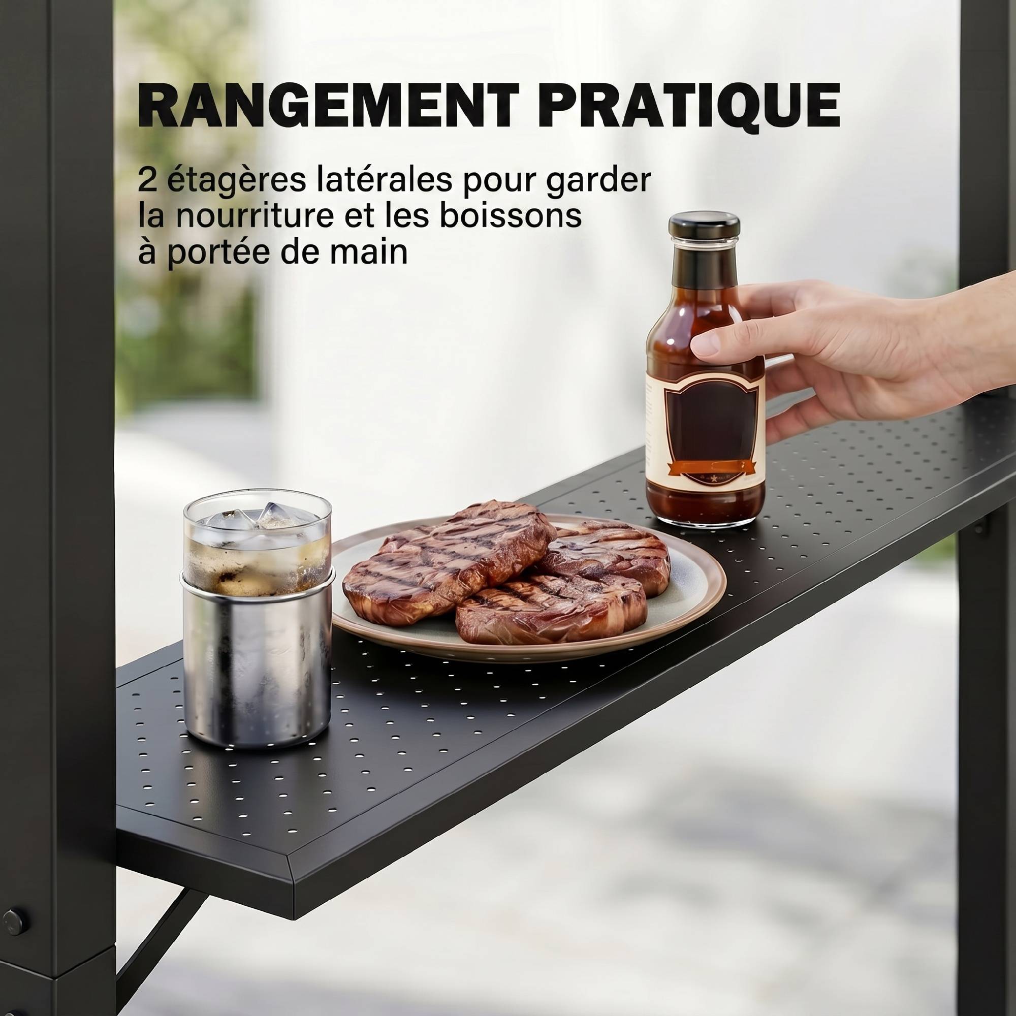 Pavillon jardin 2,5 x 1,5 m - abri barbecue - 2 étagères - toit de barbecue - métal noir toit polycarbonate - Image 7