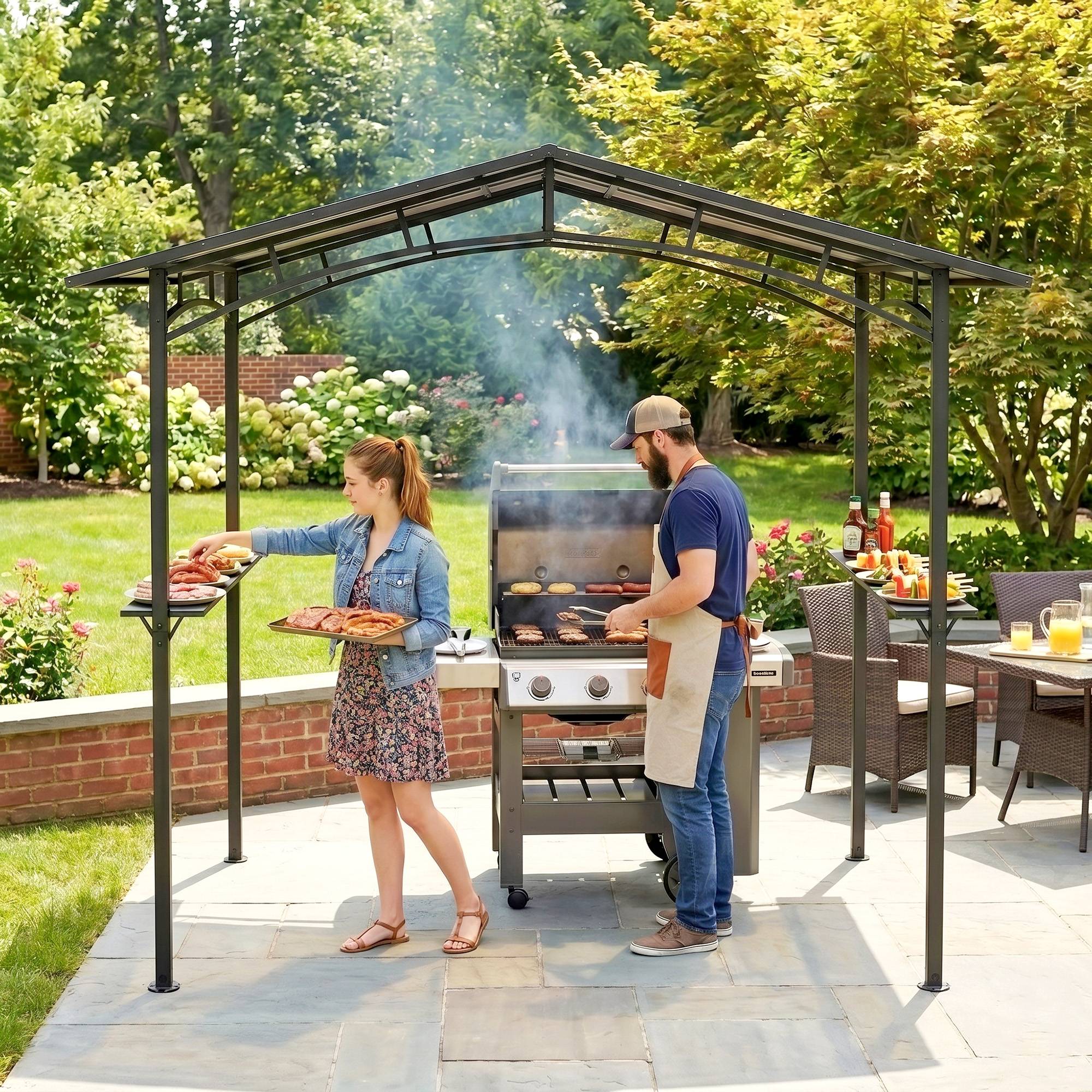 Pavillon jardin 2,5 x 1,5 m - abri barbecue - 2 étagères - toit de barbecue - métal noir toit polycarbonate - Image 10