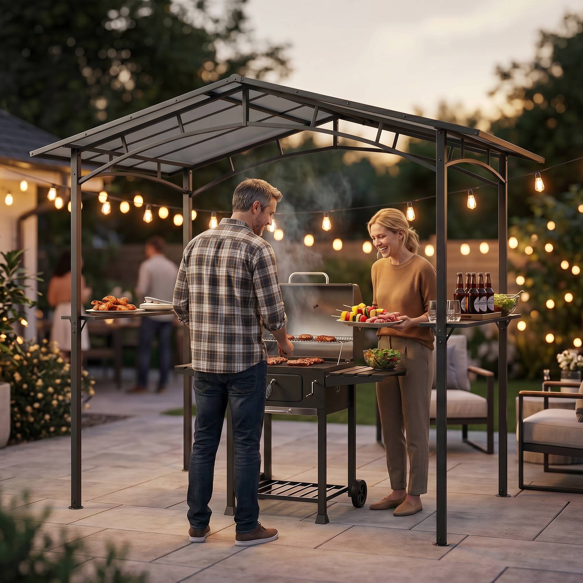 Pavillon jardin 2,5 x 1,5 m - abri barbecue - 2 étagères - toit de barbecue - métal noir toit polycarbonate - Image 9