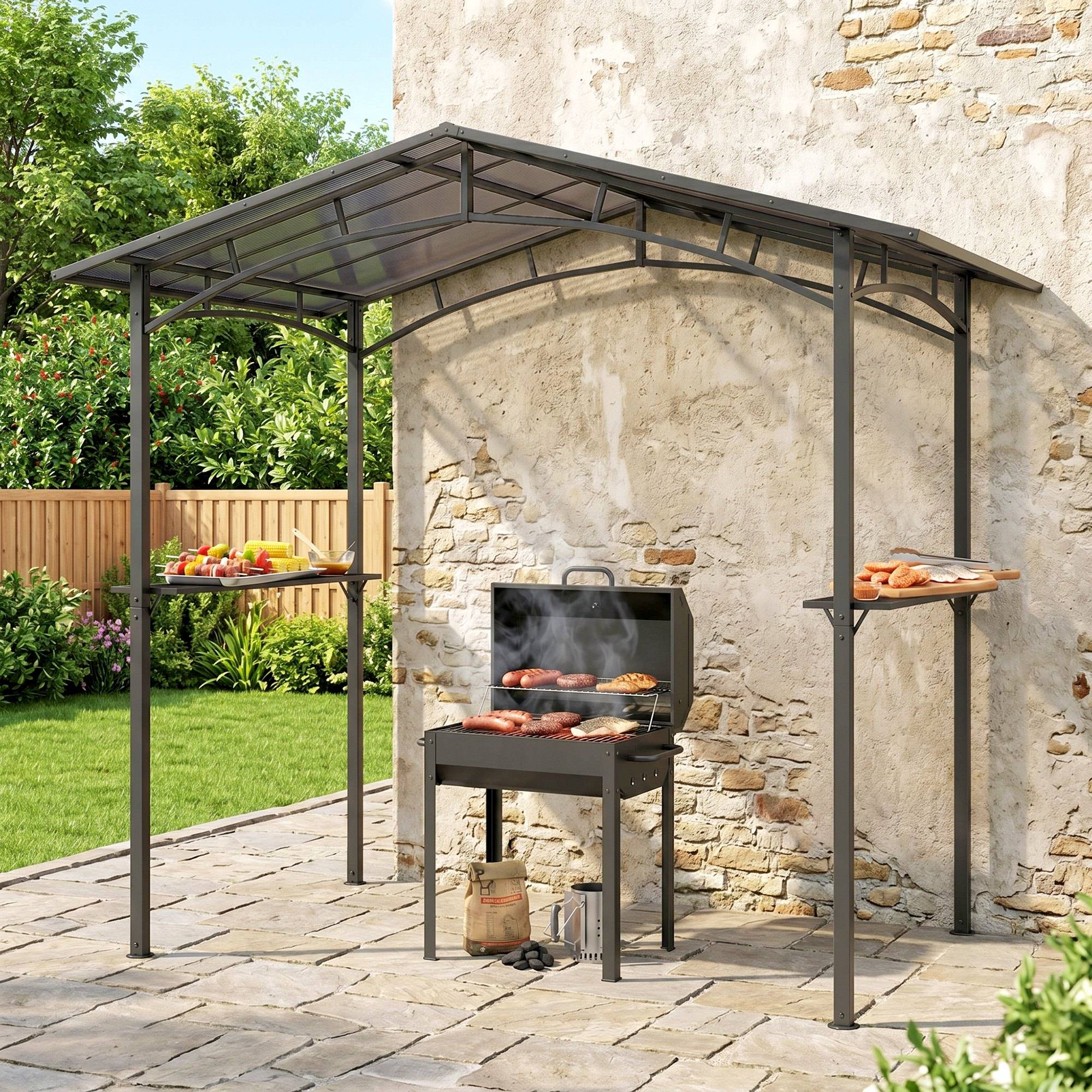 Pavillon jardin 2,5 x 1,5 m - abri barbecue - 2 étagères - toit de barbecue - métal noir toit polycarbonate - Image 4